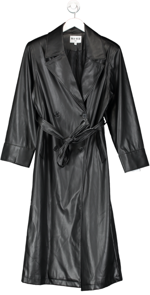 NA-KD Black Padded Shoulder Pu Trench Coat UK 6