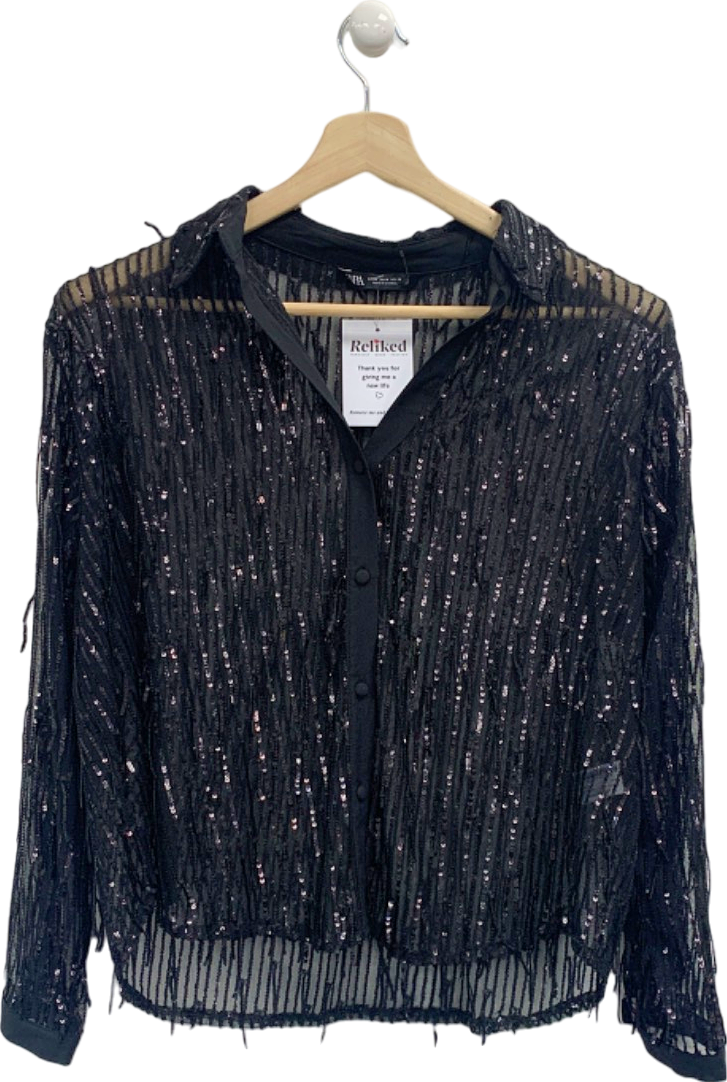 Zara Black Sequined Sheer Shirt UK 10 Reliked