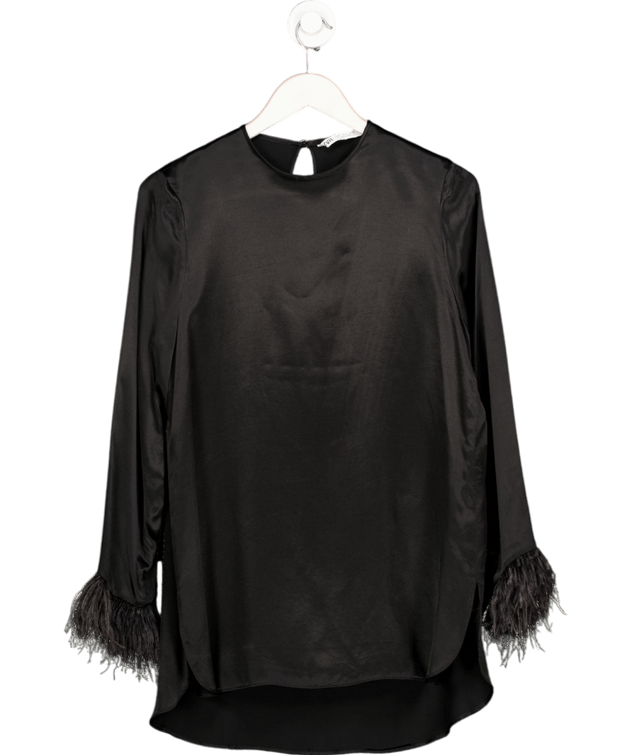 ZARA Black Satin Long Feathered Sleeve Shift Dress UK S - Reliked ZARA Black Satin Long Feathered Sleeve Shift Dress UK S - Reliked