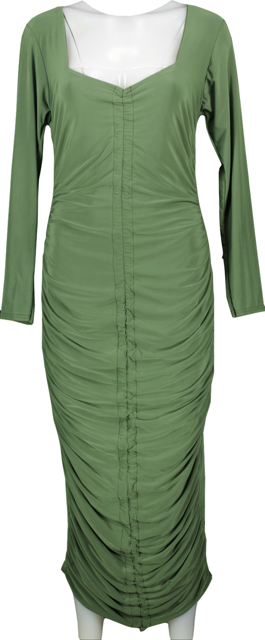 Missguided Green Khaki Long Sleeve Slinky Ruched Midi Dress Bnwt UK 24