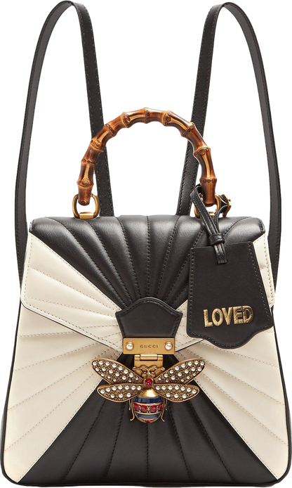 Gucci Black / Ivory Quilted Calfskin Bamboo Embellished Bee Queen Margaret Backpack