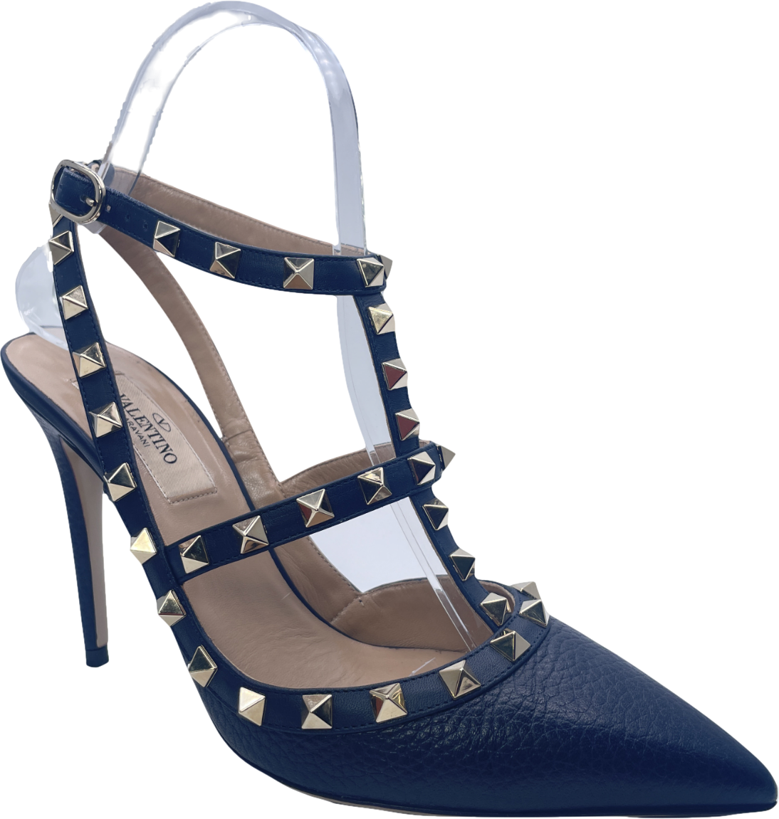 Valentino Garavani Navy Blue Rockstud Grainy Calfskin Ankle Strap Pump Reliked