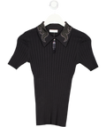 SANDRO Black Ribbed Embellished Collar Knit Polo UK 8