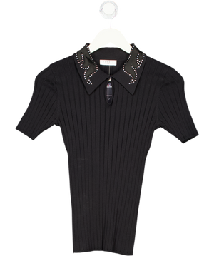 SANDRO Black Ribbed Embellished Collar Knit Polo UK 8