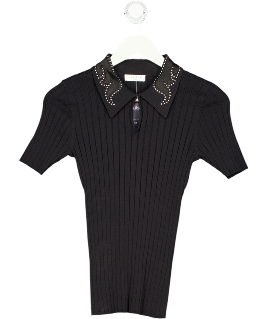 SANDRO Black Ribbed Embellished Collar Knit Polo UK 8