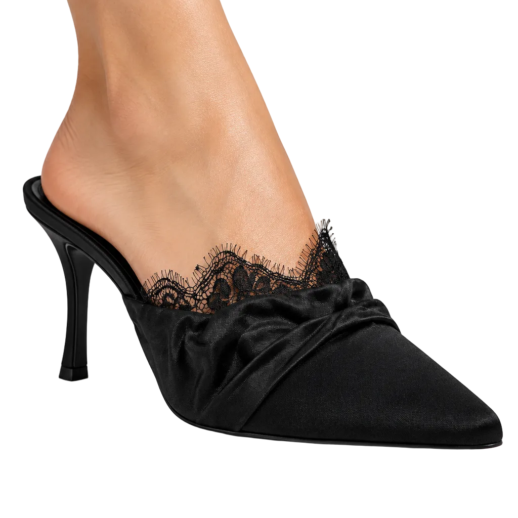 Neous Naledi Black Peekaboo Lace Trim 85mm Mules UK 6 EU 39