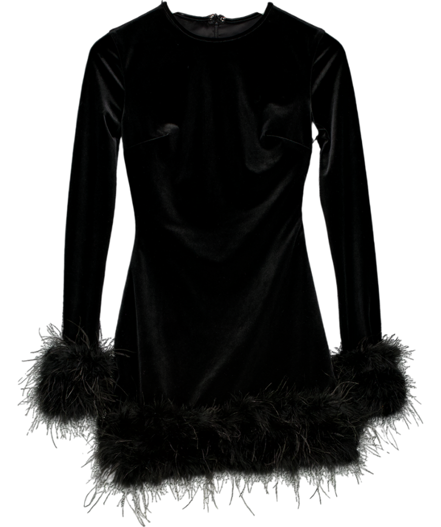 House of CB Velvet Feather Trim Lavinia Black Velvet Mini Dress UK XS