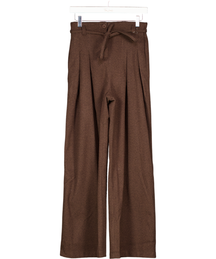 4th & Reckless Brown Herringbone Tie Belt Wide Leg Trousers UK 6