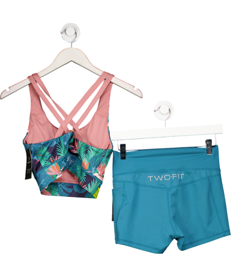 Two-Fit Green Tropical Bahamas Double Sports Bra And Shorts Set UK M