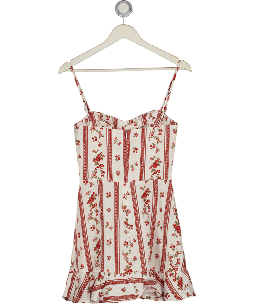 REFORMATION White / Red Floral Stripe Frill Hem Cupped Mini Dress Sz0 UK 4