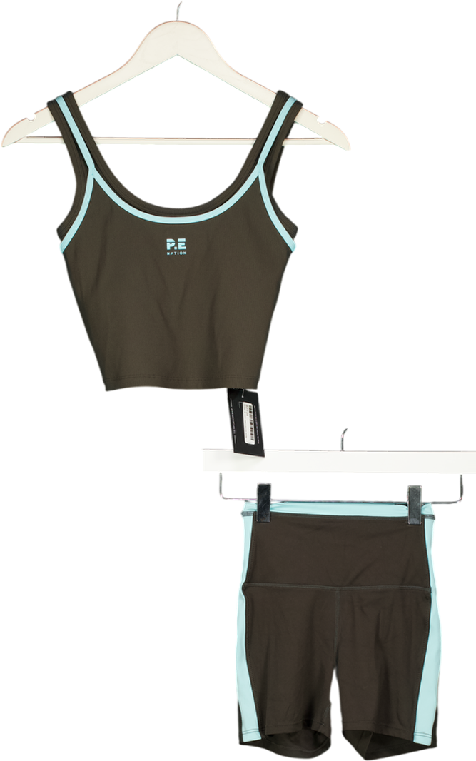 P.E Nation 2-piece Sports Bra And 5" Bike Shorts In Brown / Turquoise UK XS
