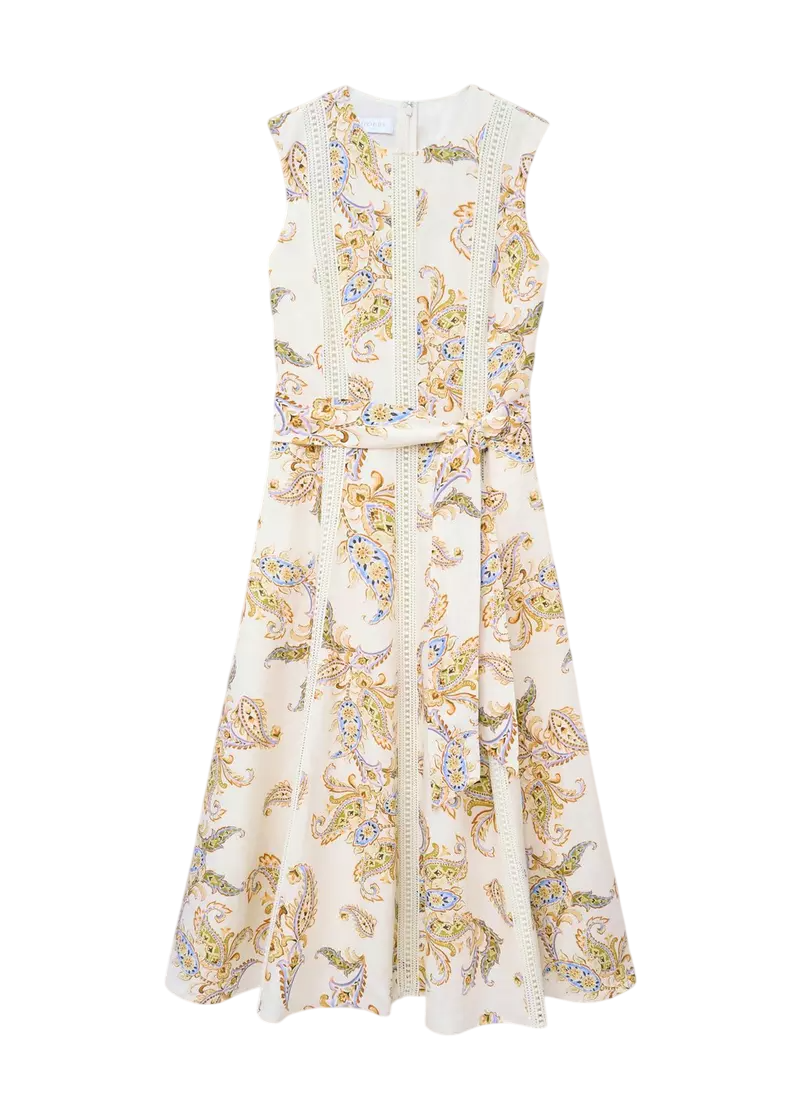 HOBBS Cream Uma Trimmed Paisley Print Linen Dress UK 8