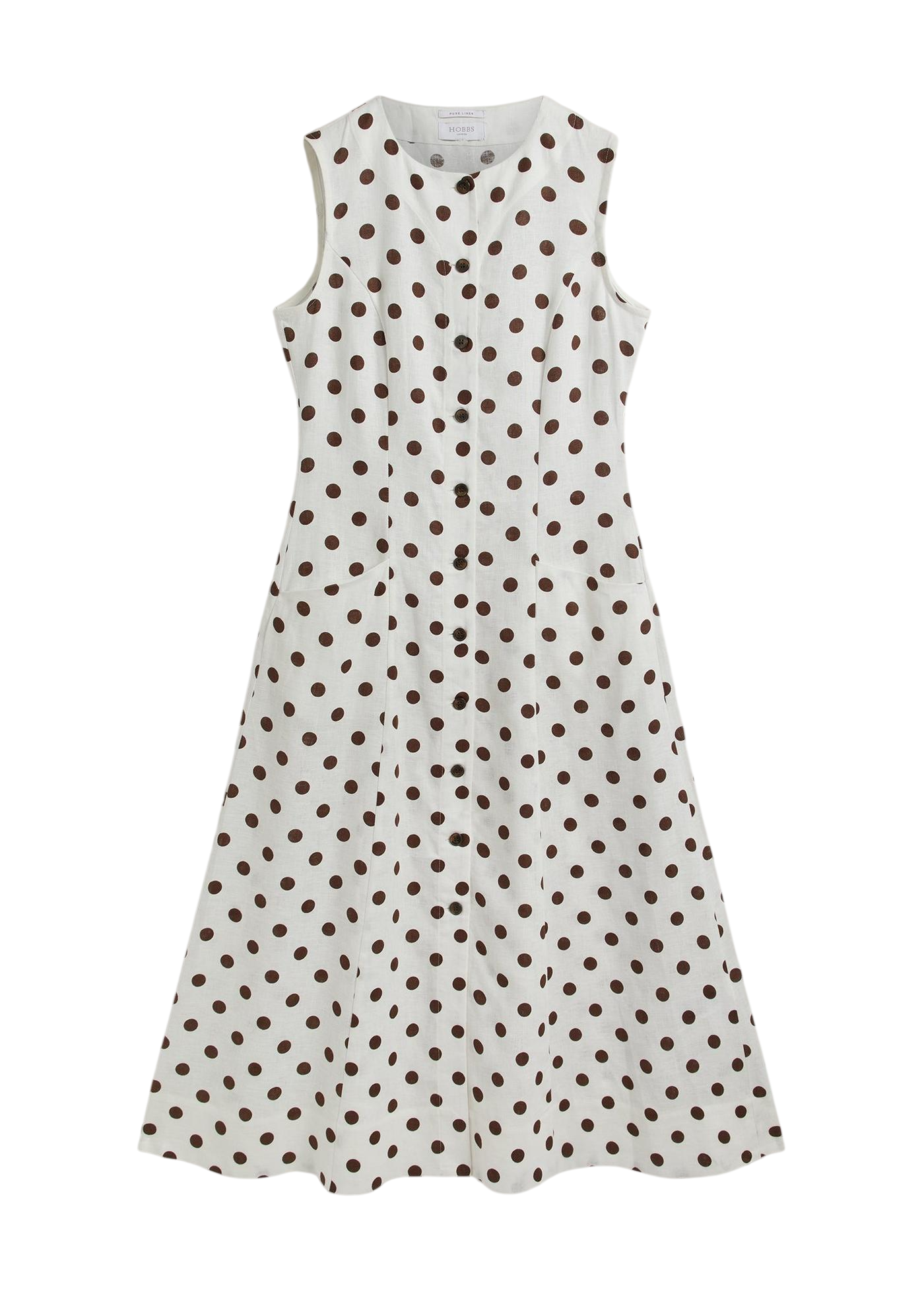 HOBBS Cream / Brown Carmen Linen Polka Dot Dress UK 8