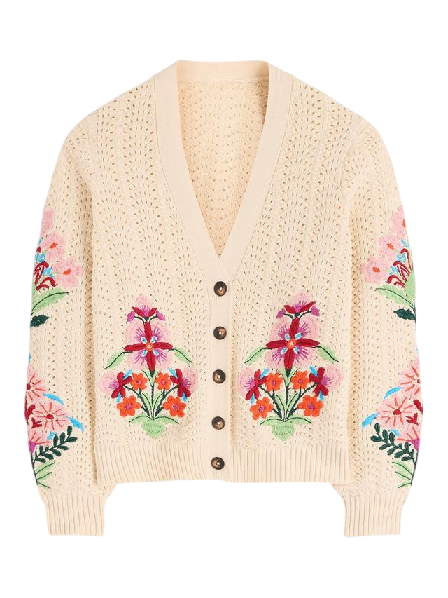 BODEN Cream Relaxed Cotton Cardigan, Cream/multi UK M