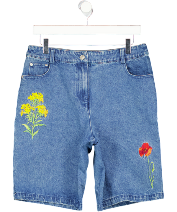 NA-KD Mid Blue Denim Shorts With Floral Embroidery UK 10