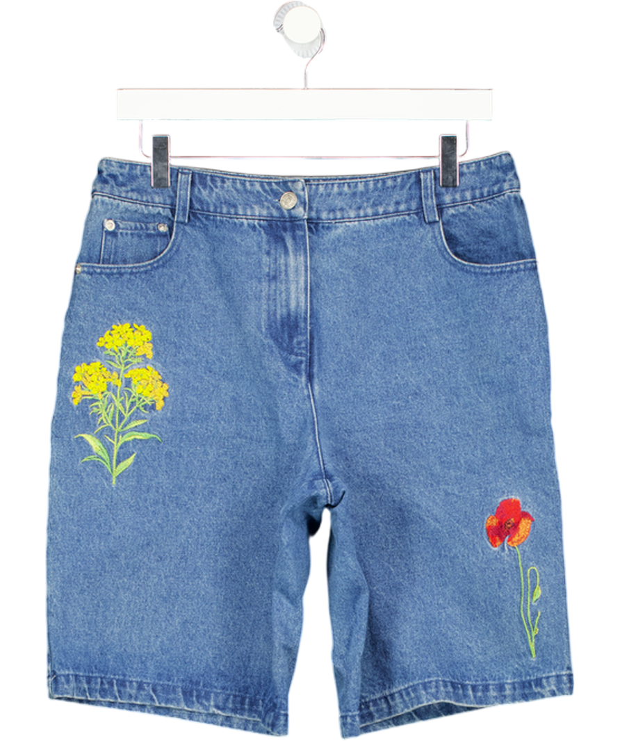 NA-KD Mid Blue Denim Shorts With Floral Embroidery UK 10