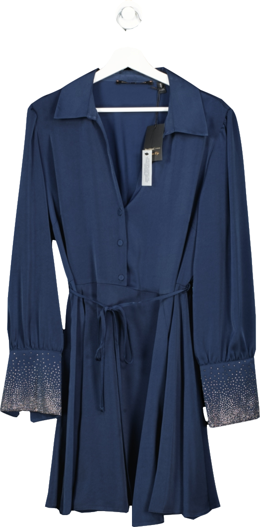 River Island Plus Navy Blue Diamante Cuff Mini Shirt Dress BNWT UK 16