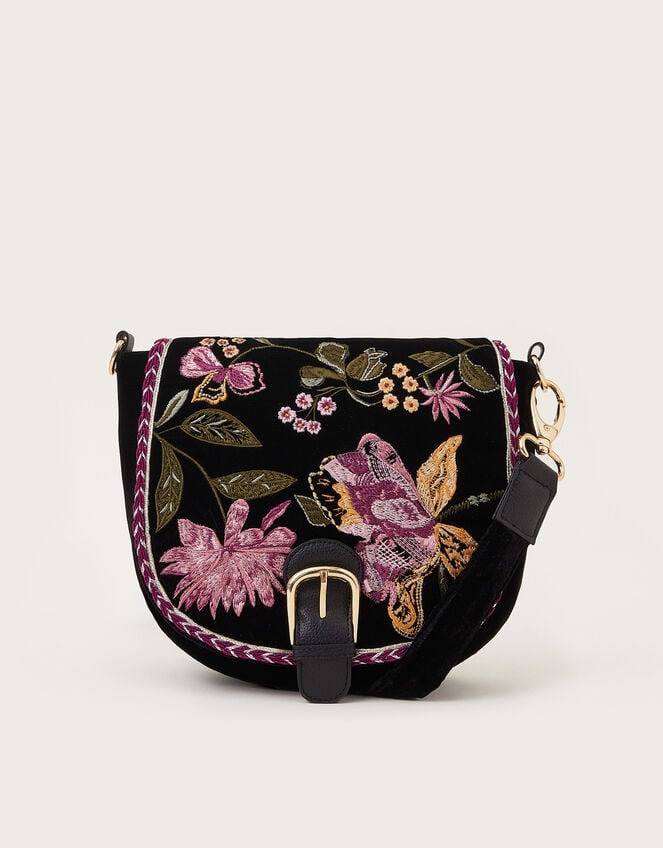 Monsoon Freya Embroidered Velvet Saddle Bag Black