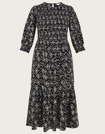 Monsoon Black Geometric Print ¾ Sleeve Shirred Dress in LENZING ECOVERO UK 10