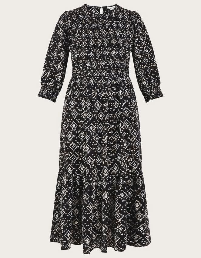 Monsoon Black Geometric Print  Shirred Dress UK 10