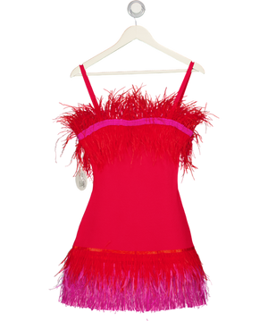 STAUD Red / Pink Etta Feather-trimmed Minidress UK XS
