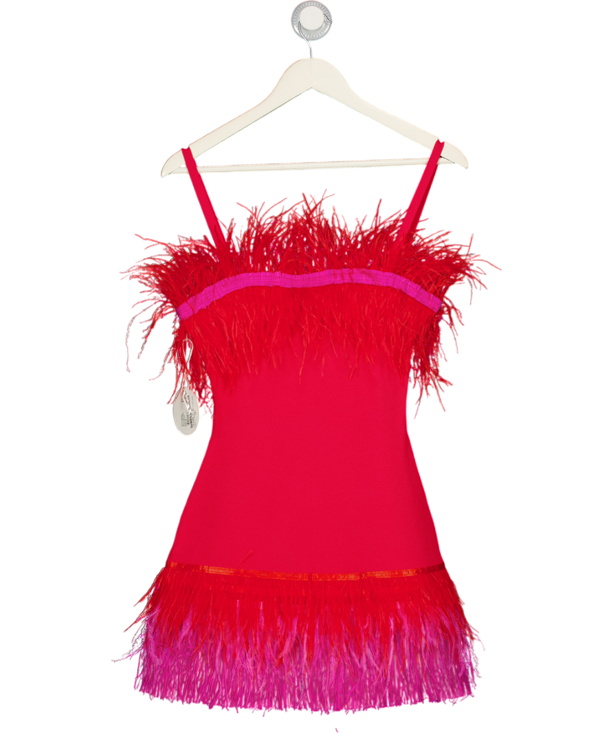STAUD Red / Pink Etta Feather-trimmed Minidress UK XS