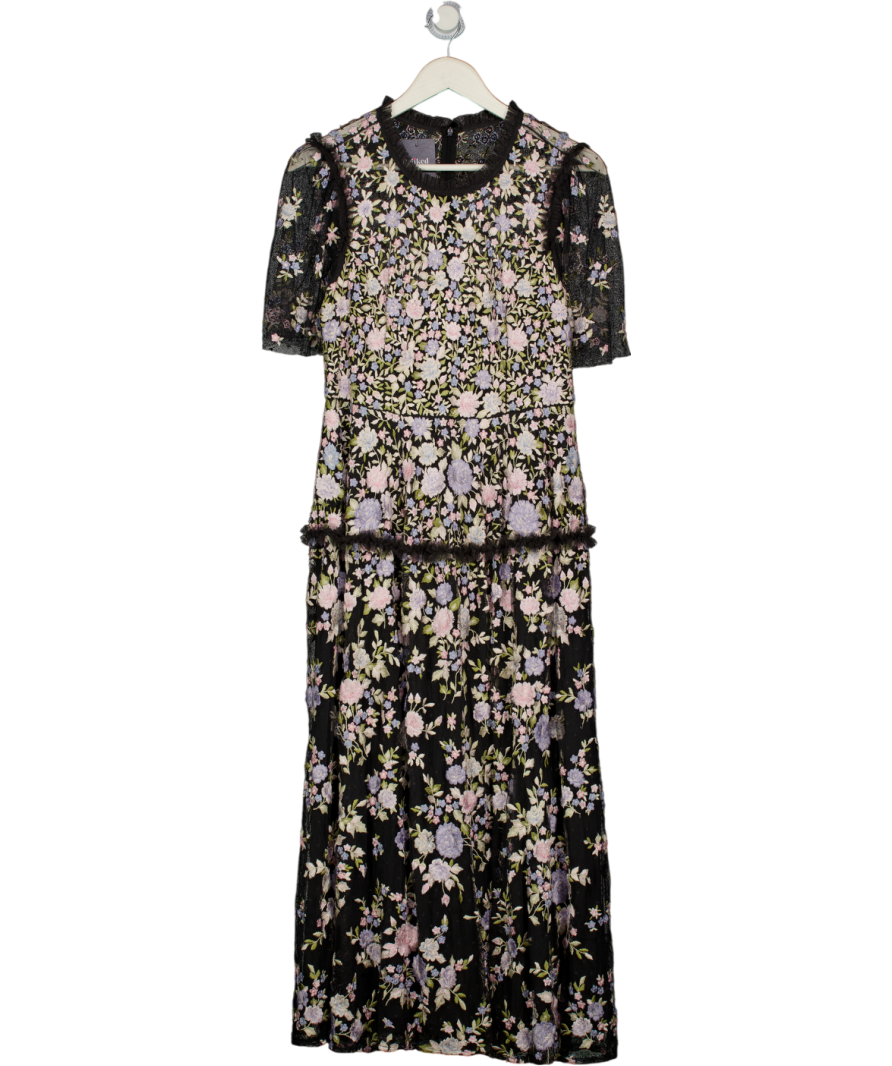 NEEDLE & THREAD Black Embroidered Tulle Rose Dream Ankle Gown Dress UK 14