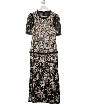 NEEDLE & THREAD Black Embroidered Tulle Rose Dream Ankle Gown Dress UK 14