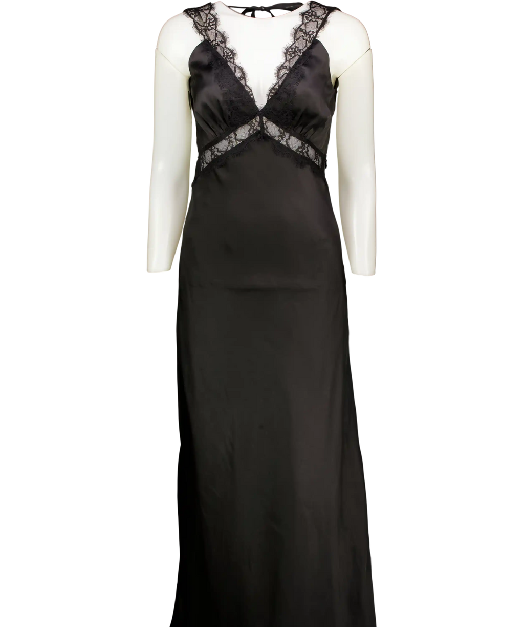 omnes Black Aurelia Lace Trim Satin Maxi Dress UK 8