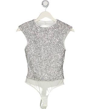 Karen Millen Metallic Silver Stretch Sequin Backless Bodysuit UK S