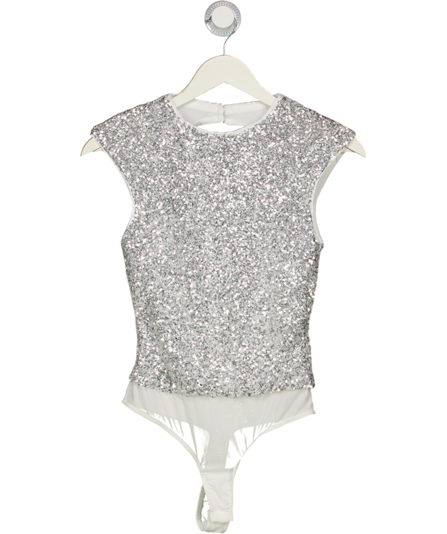 Karen Millen Metallic Silver Stretch Sequin Backless Bodysuit UK S