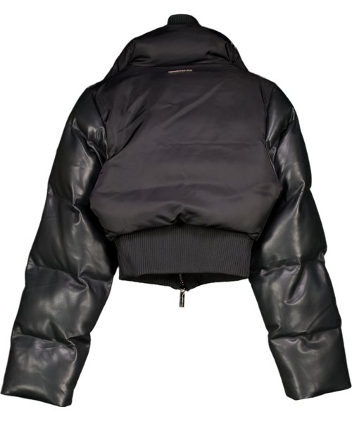 MANIERE DE VOIR Black Vegan Leather And Nylon Layered Puffer Jacket UK 10