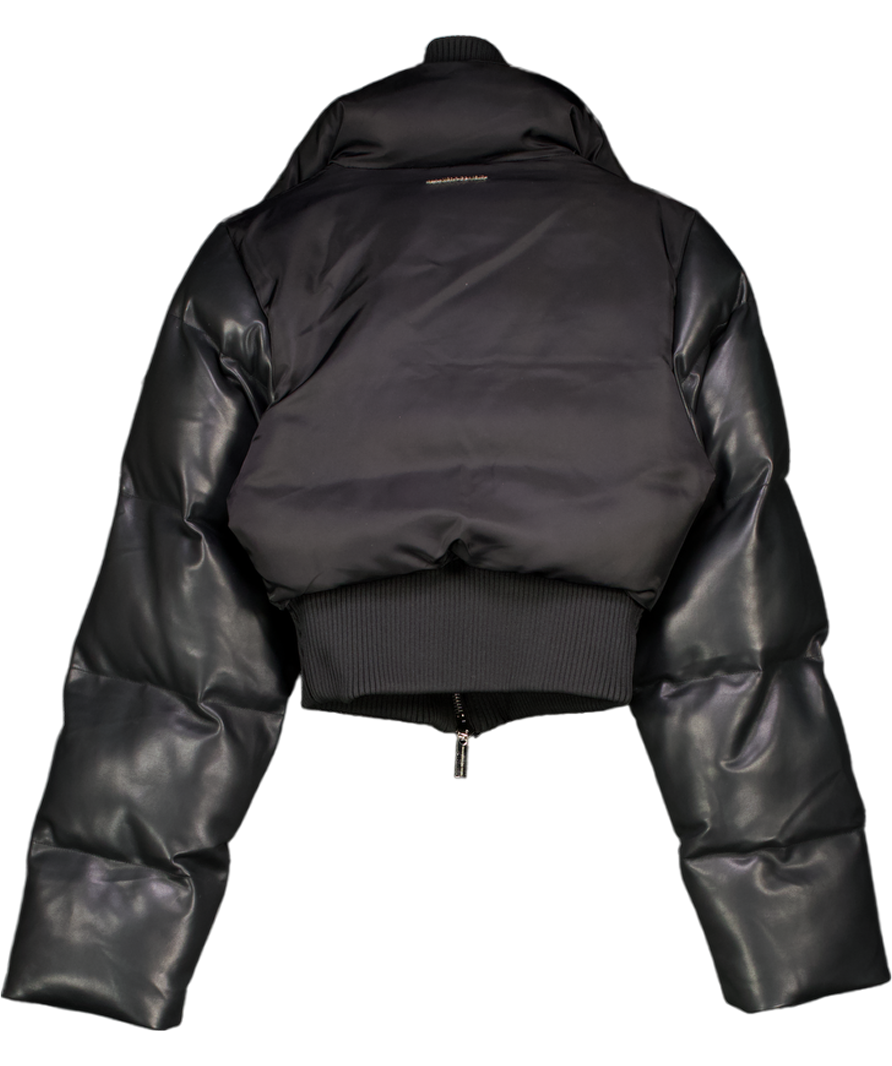 MANIERE DE VOIR Black Vegan Leather And Nylon Layered Puffer Jacket UK 10