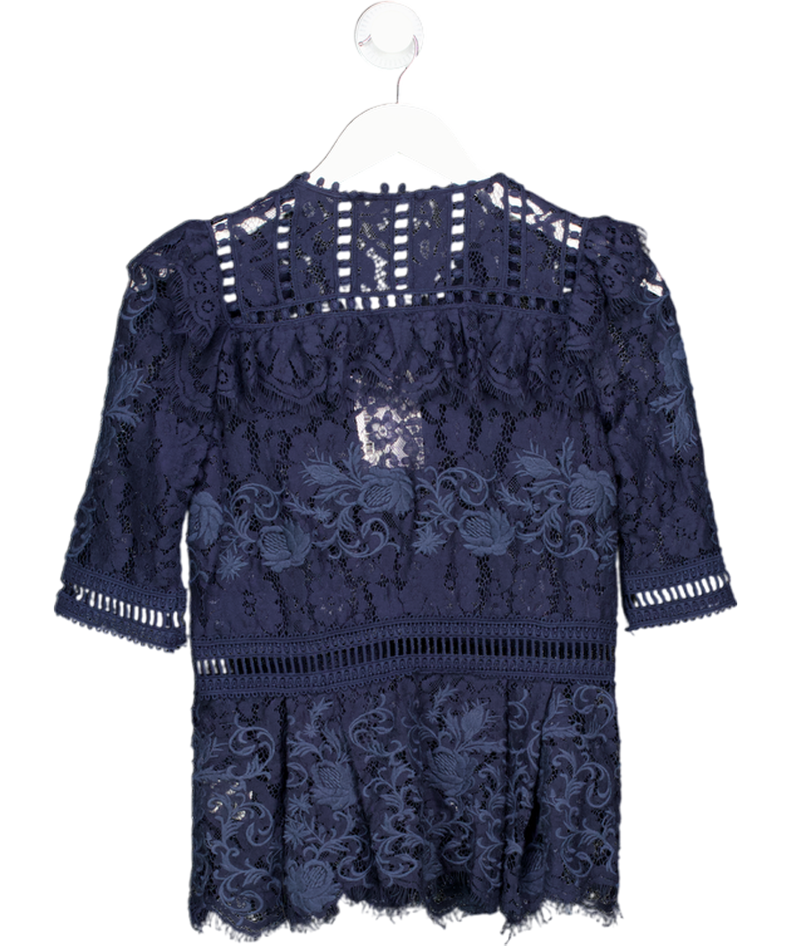 SEA NEW YORK Navy Blue Lace Short Sleeve Blouse Sz2 UK 6