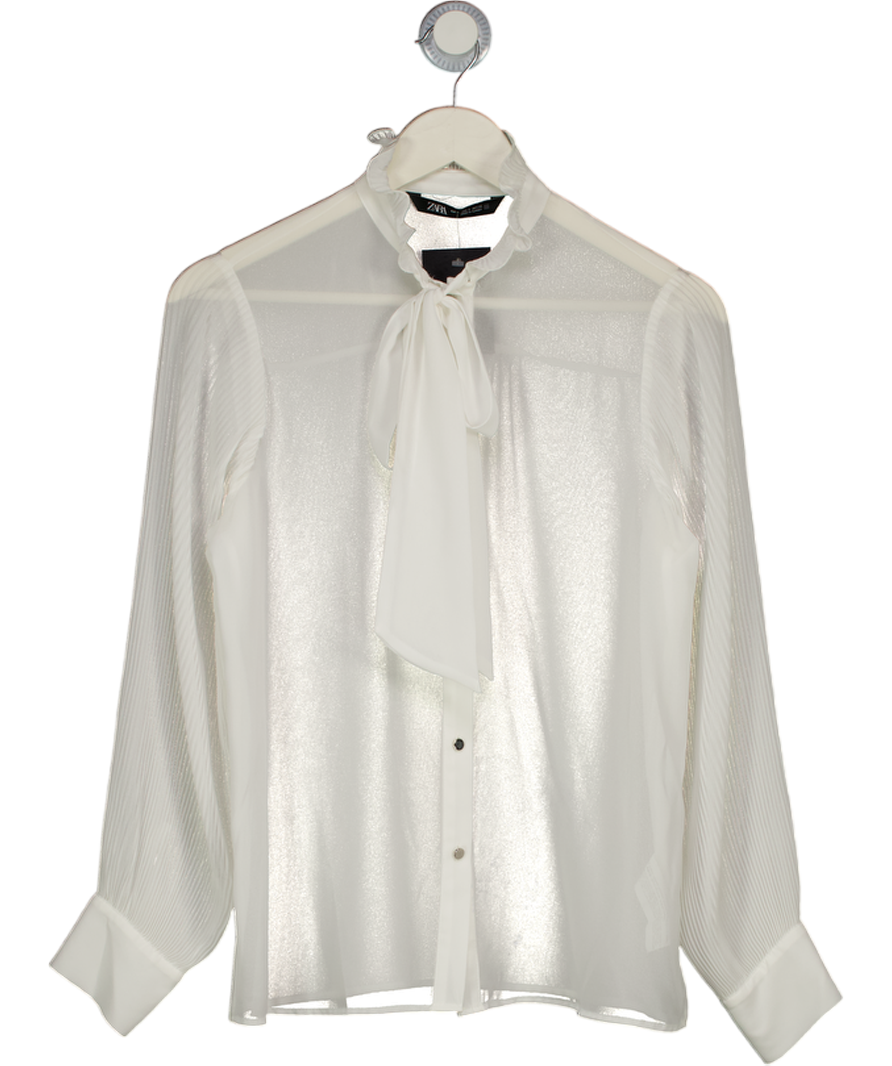 ZARA Ivory White Chiffon Pleated Sleeve Tie Neck Blouse UK S