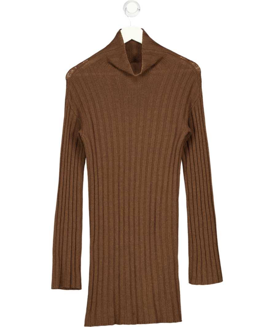GIMAGUAS Brown High Neck Wool / Cashmere Blend Rib Knit Dress UK S