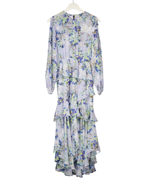 MISA Los Angeles Blue Floral Frill Detail Midi Dress UK M