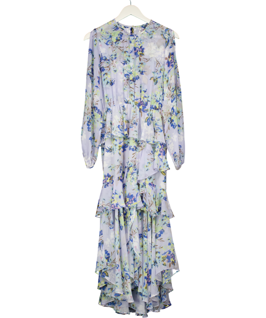 MISA Los Angeles Blue Floral Frill Detail Midi Dress UK M