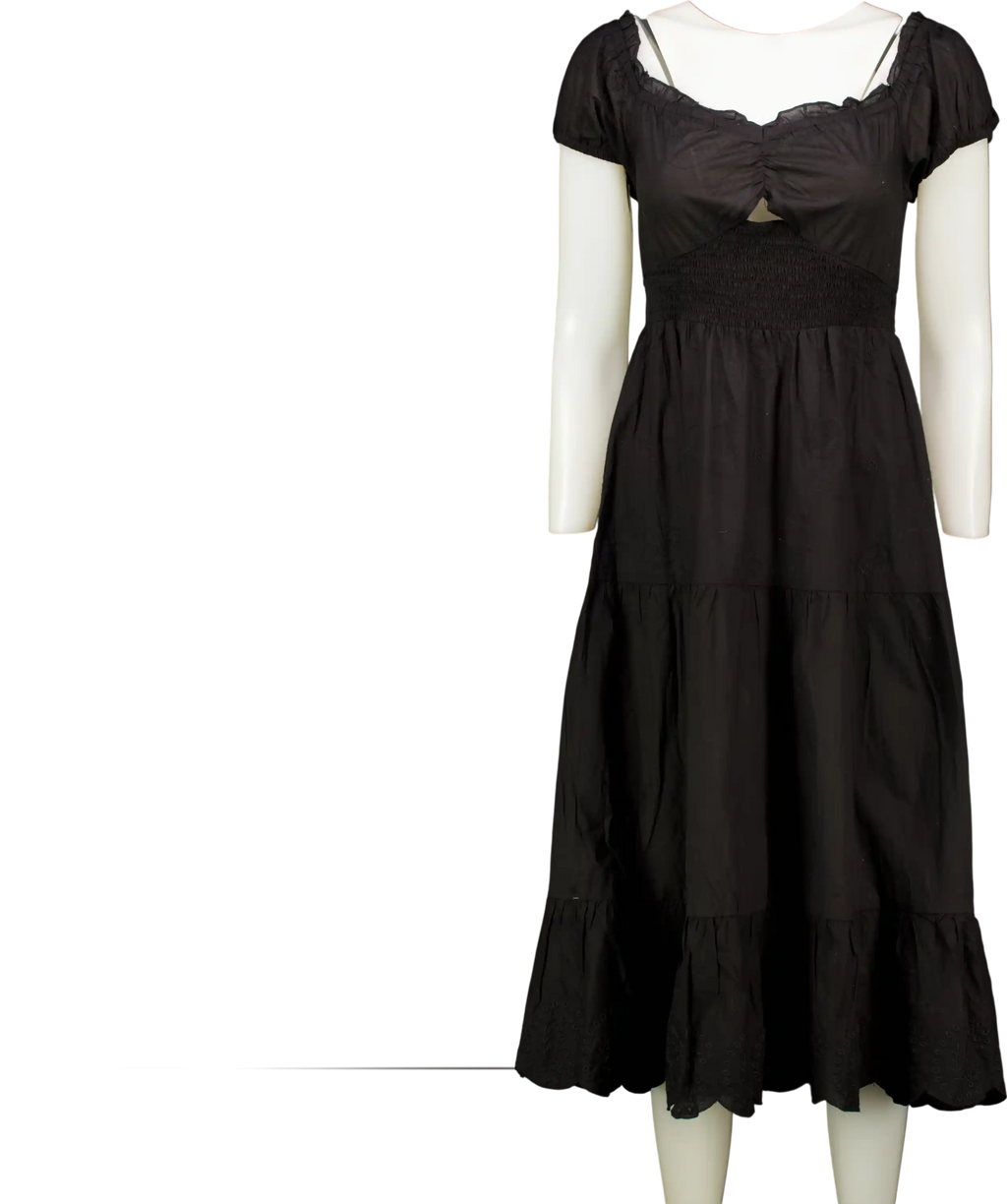 River Island Resort Black Cotton Shirred Waist Bow Back Midi Dress UK S