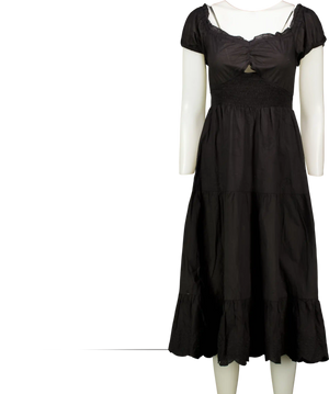 River Island Resort Black Cotton Shirred Waist Bow Back Midi Dress UK S