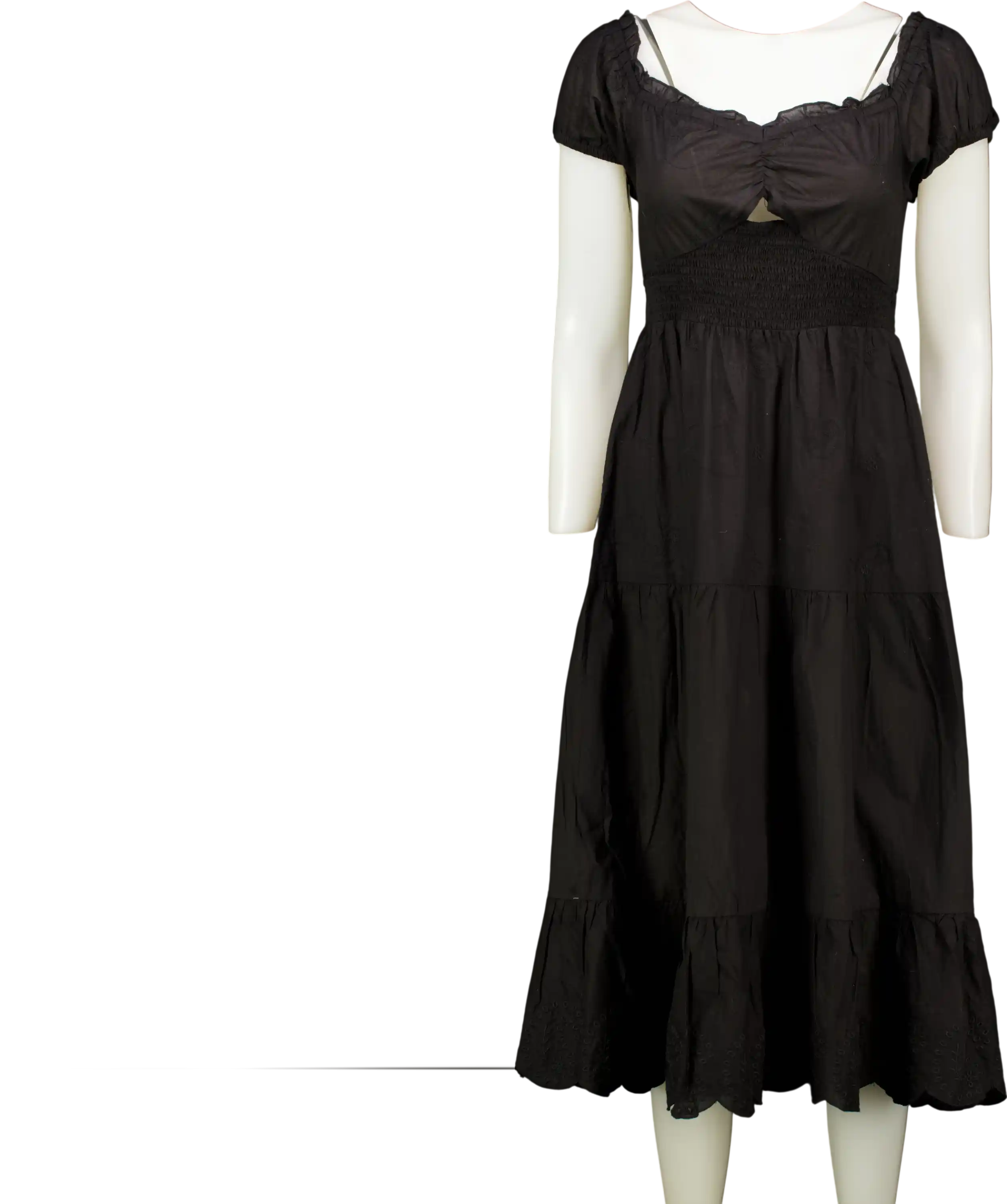 River Island Resort Black Cotton Shirred Waist Bow Back Midi Dress UK S