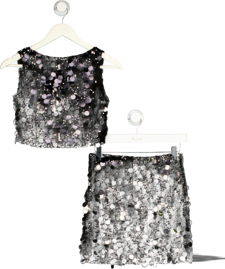 ARIA COVE 2-piece Disc Sequin Mini Skirt & Crop Top Co-ord Set In Black UK 8