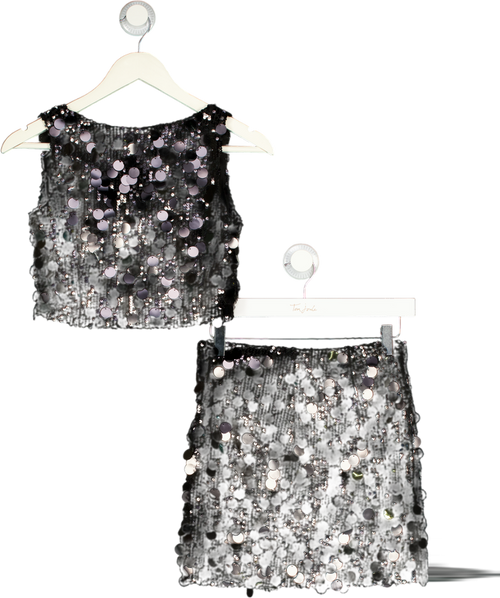 ARIA COVE 2-piece Disc Sequin Mini Skirt & Crop Top Co-ord Set In Black UK 8