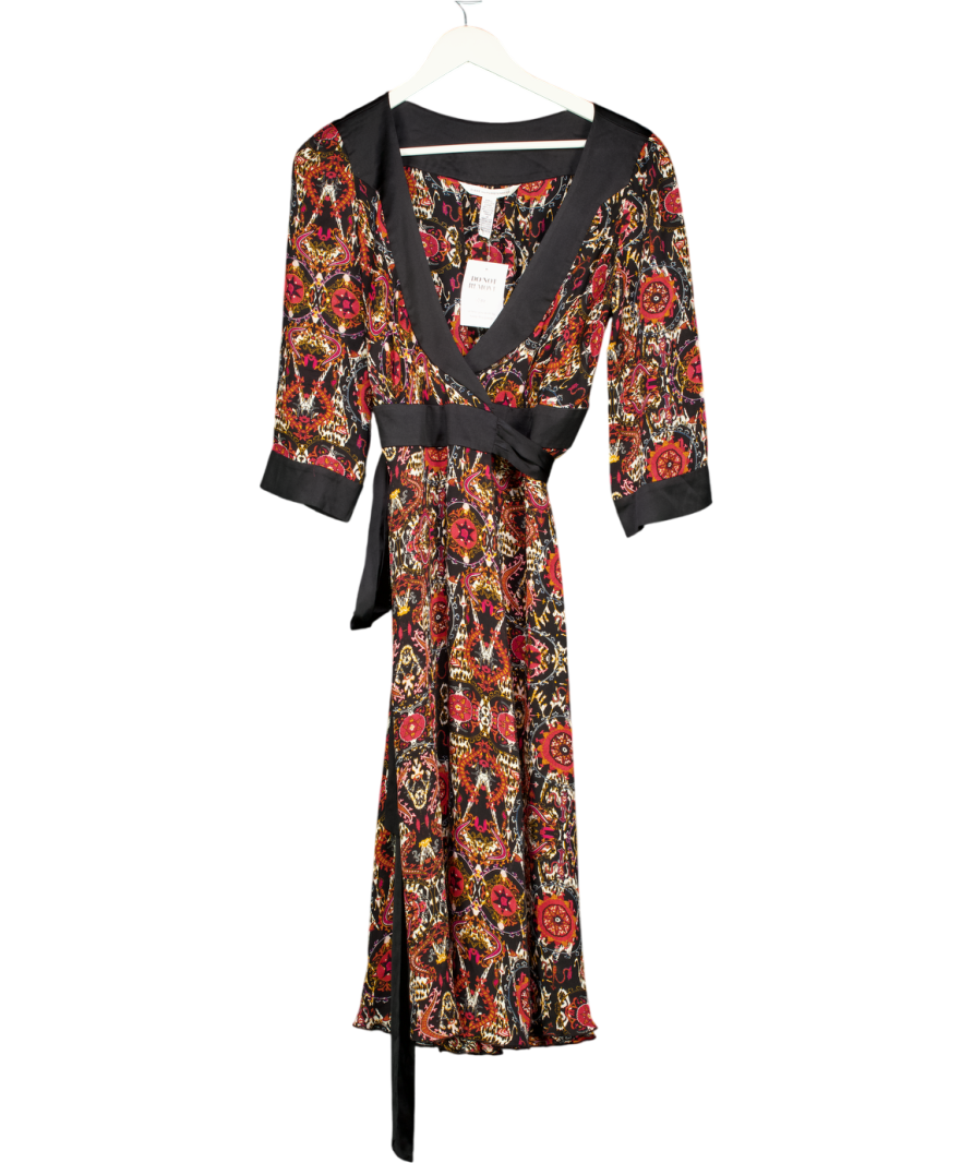 Diane von Furstenberg Black Iconic Printed Silk Wrap Dress Us10 UK 14
