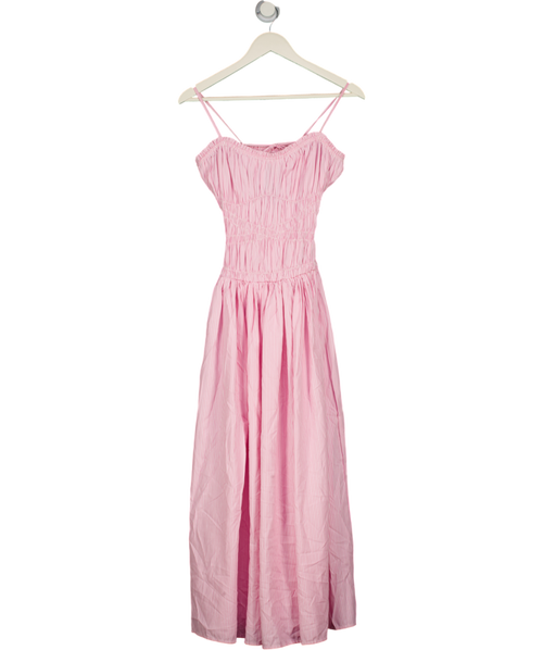 ASOS Shirred Cotton Poplin Maxi Sundress With Dropped Waist In Pink Stripe UK 6