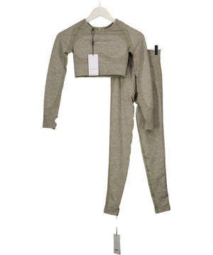 GYMSHARK 2-piece Khaki Green Marl Flex  Long Sleeve Crop Top And Leggings Set UK XS