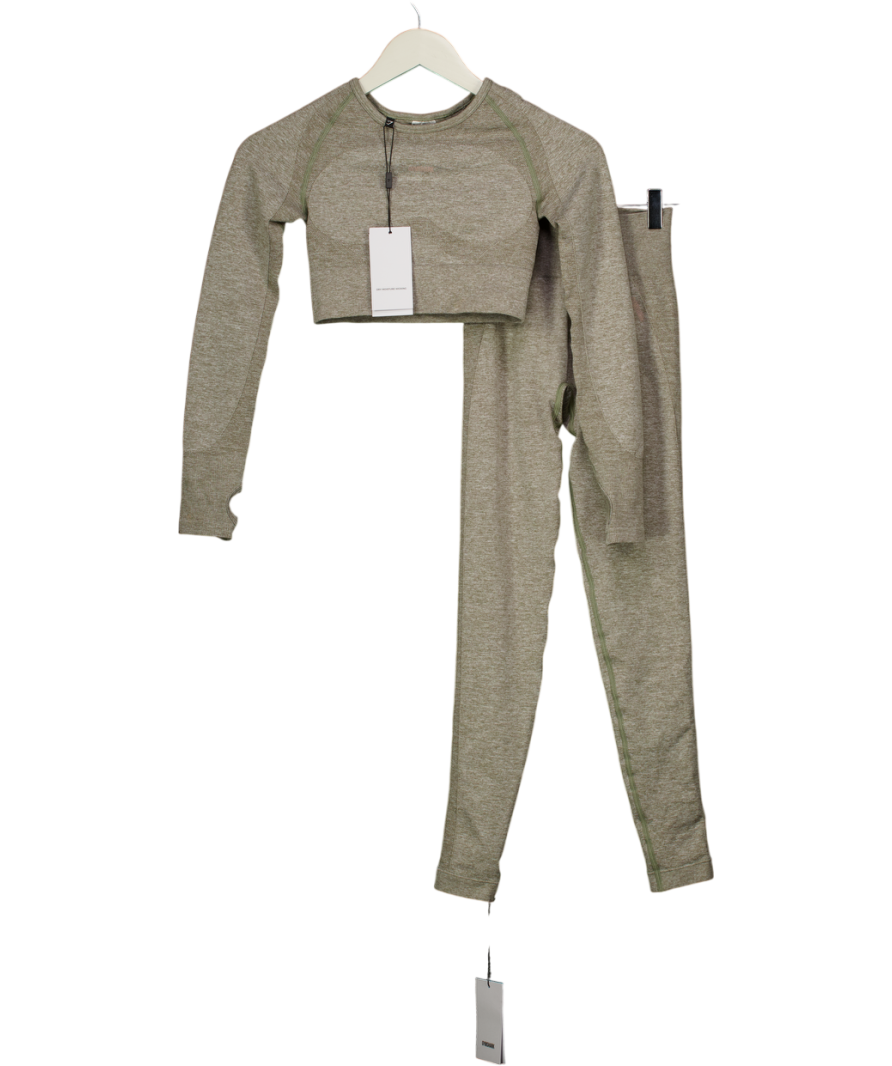 GYMSHARK 2-piece Khaki Green Marl Flex  Long Sleeve Crop Top And Leggings Set UK XS