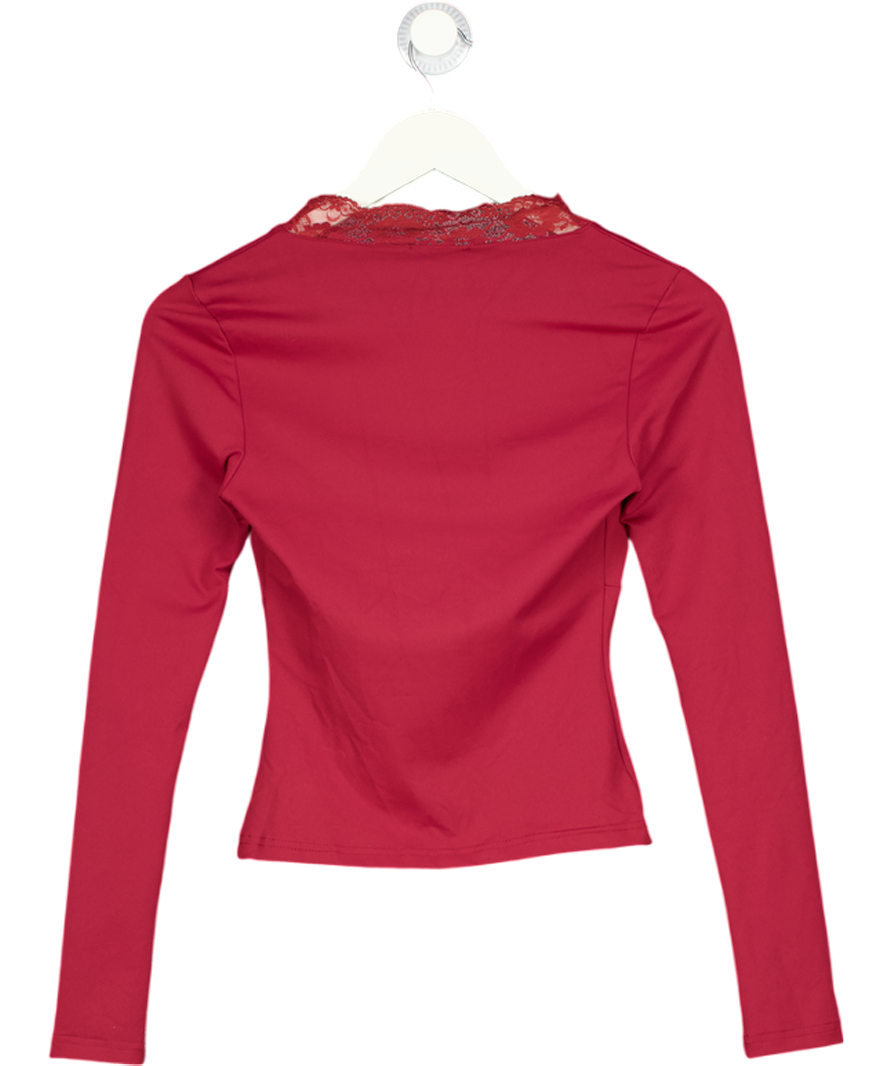 WHITE FOX Knew That All Along Lace Trim Long Sleeve Top Wine Red UK XS