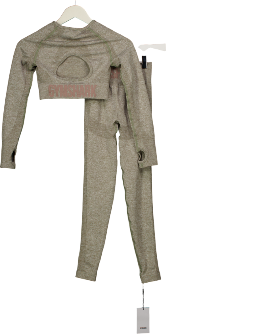GYMSHARK 2-piece Khaki Green Marl Flex  Long Sleeve Crop Top And Leggings Set UK XS