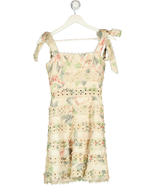 Zimmermann Nude Liene Floral Scalloped Lace Trim Mini Dress Sz0 UK 6